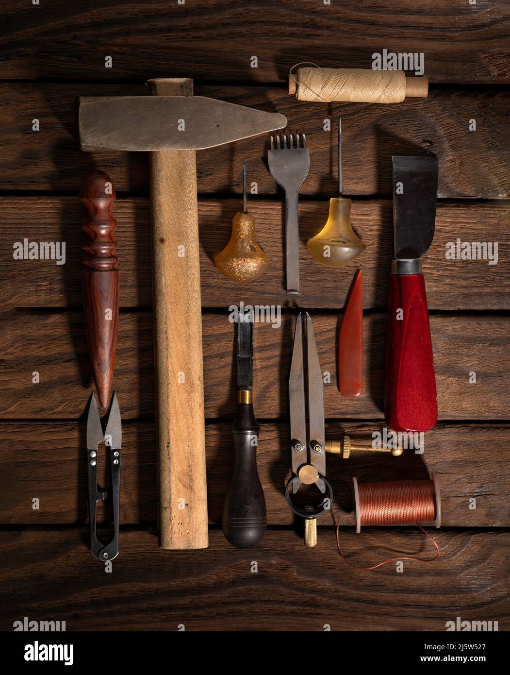 workplace for handmade leather goods.flat lay. Tools Stock Photo