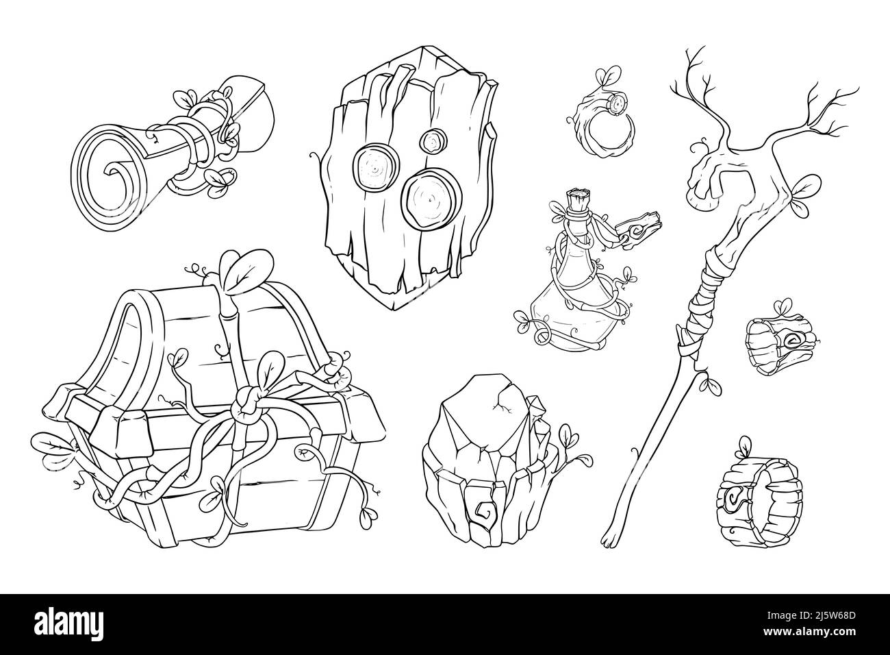 Magic game items with wand, chest, potion and other props. Sketch of druid game objects. Vector illustration isolated in white background Stock Vector