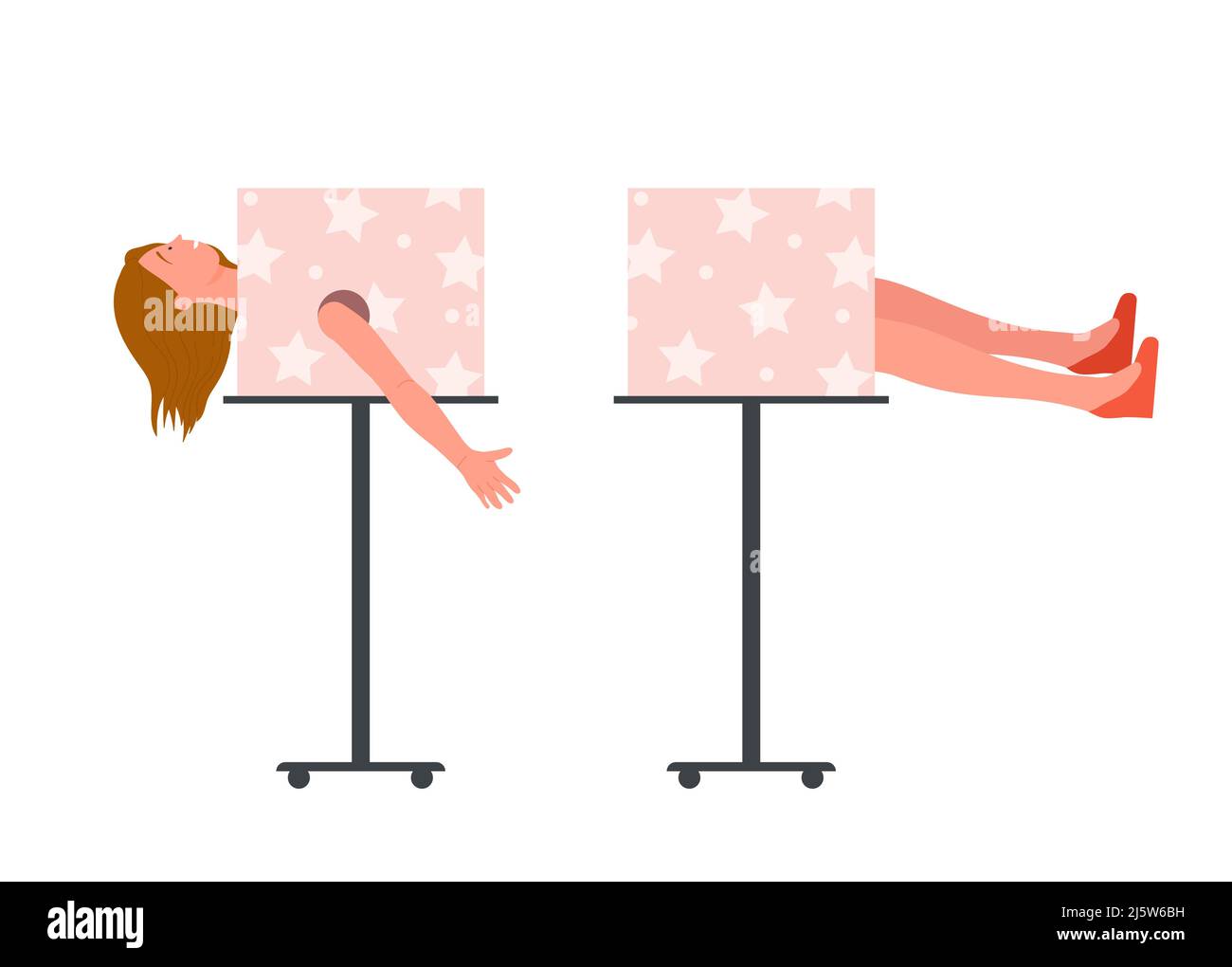 Circus focus cutting woman in half. Magician wizard trick with