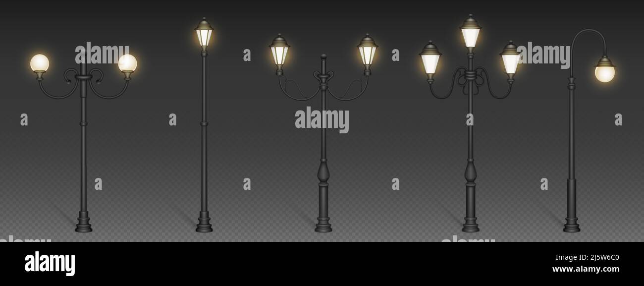 Vintage street lights, retro lampposts for urban lighting. City architecture design objects with luminous glowing lamps on steel poles isolated on transparent background Realistic 3d vector mockup set Stock Vector