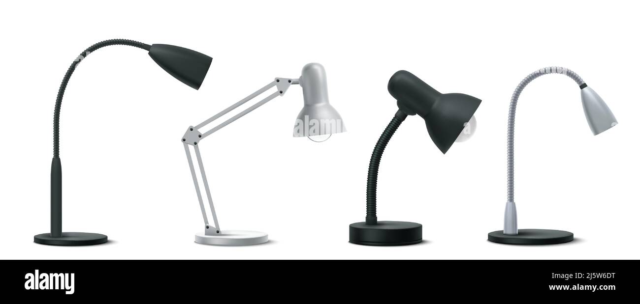 Table lamps, realistic 3d office work supplies set. Silver and black