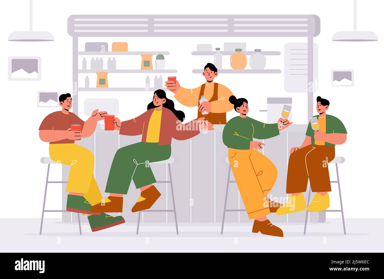 People drinking alcohol in bar, young couples dating, celebrate party. Male and female characters with wineglasses communicate sit on high chairs at desk with barista, Linear flat vector illustration Stock Vector