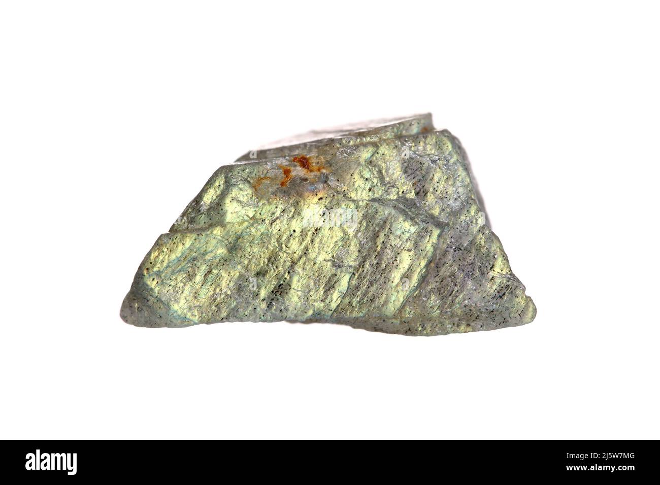 Closeup natural rough green labradorite (feldspar mineral group) stone on white background Stock Photo