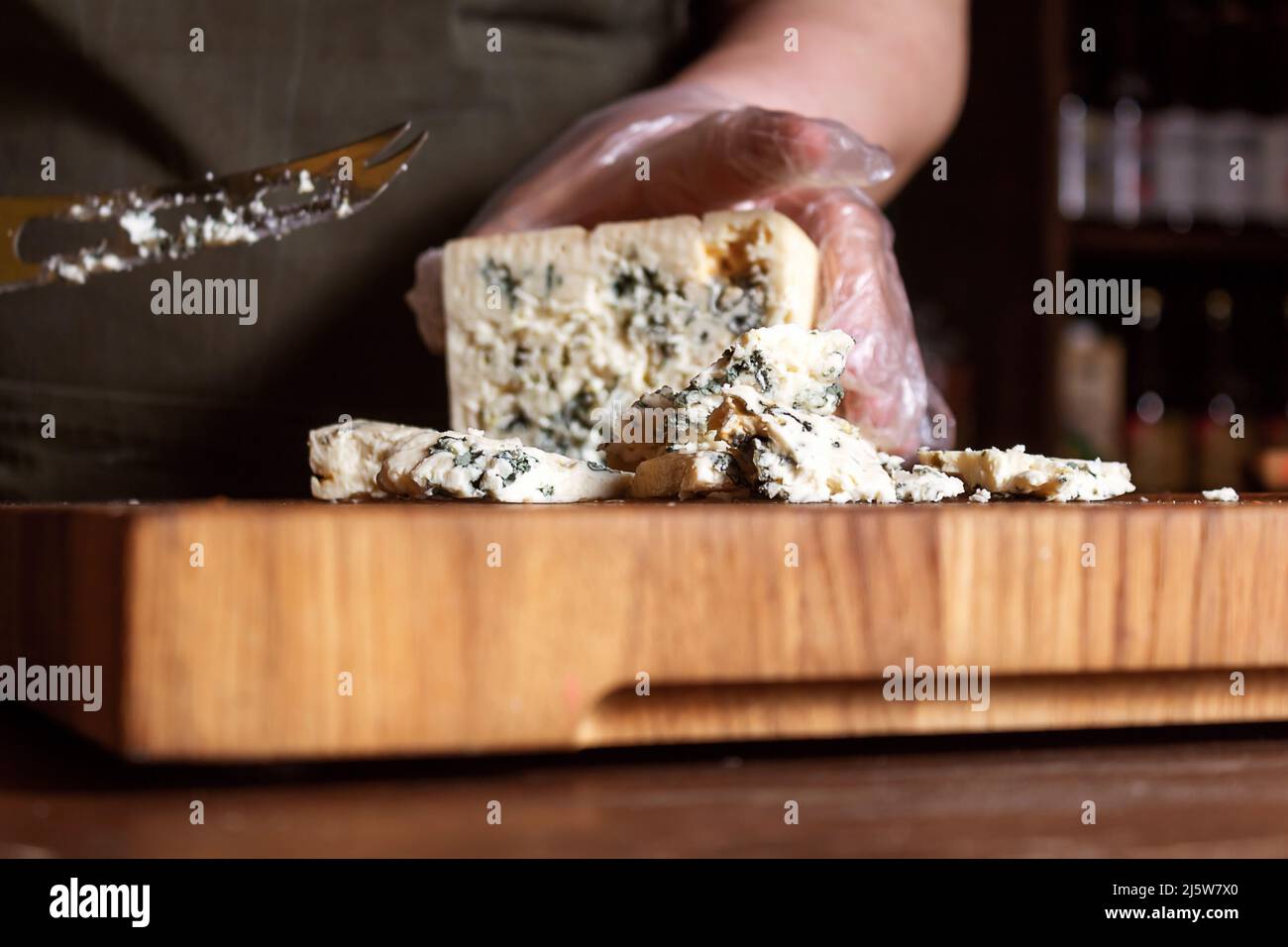 Cheese shop. Roquefort. Selective focus. Close up. Stock Photo