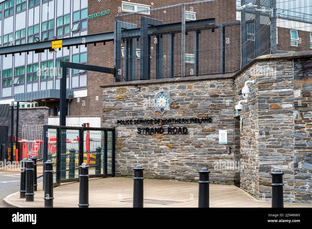 Derry, UK- April 13, 2022: The Strand Road PSNI station in Derry, Northern Ireland Stock Photo