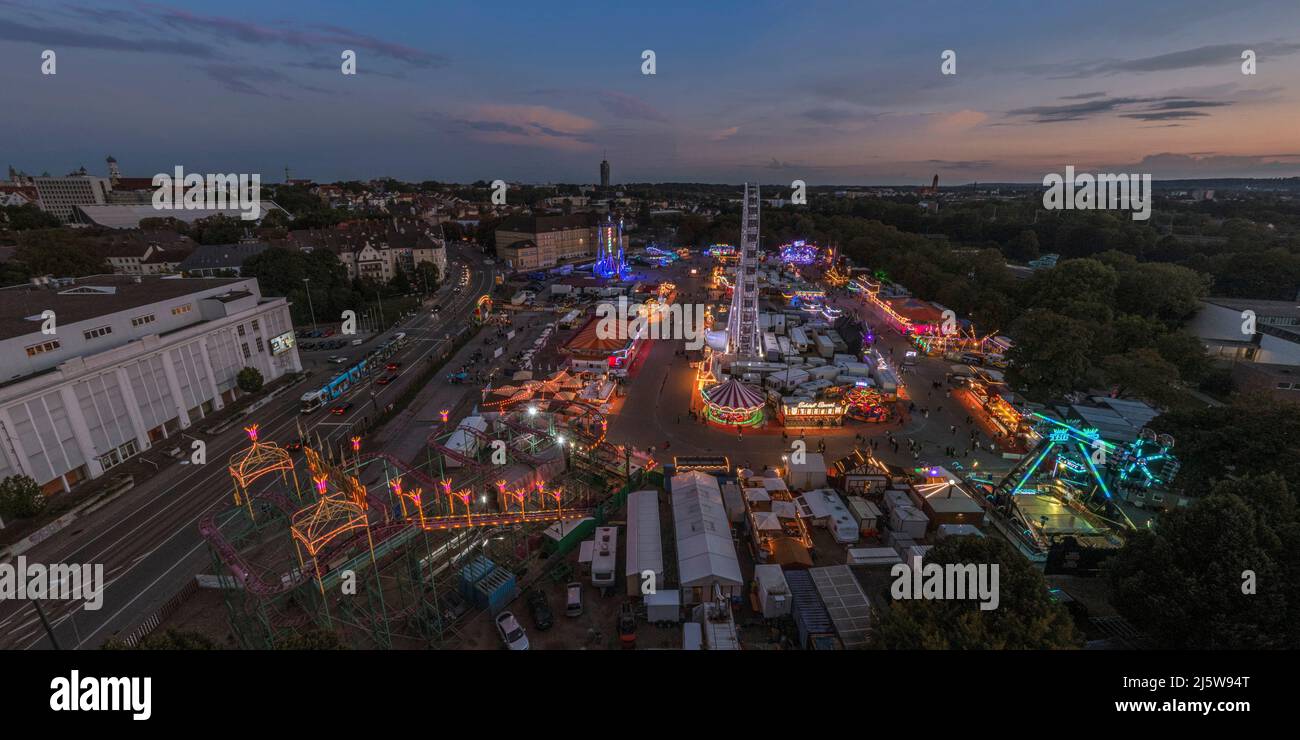 Aerial view to the Plärrer at nightfall during funfair time Stock Photo