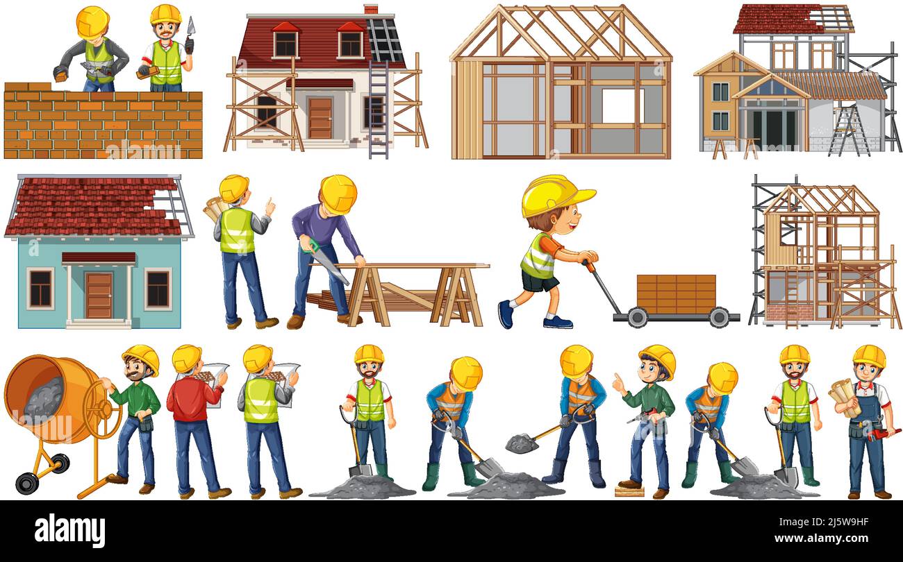 Set of construction site objects and workers illustration Stock Vector