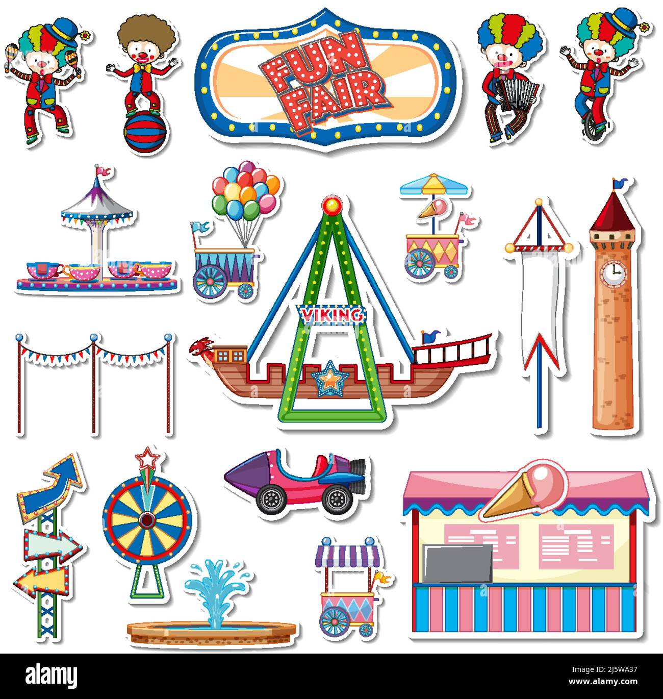 Sticker set of amusement park objects and cartoon characters
