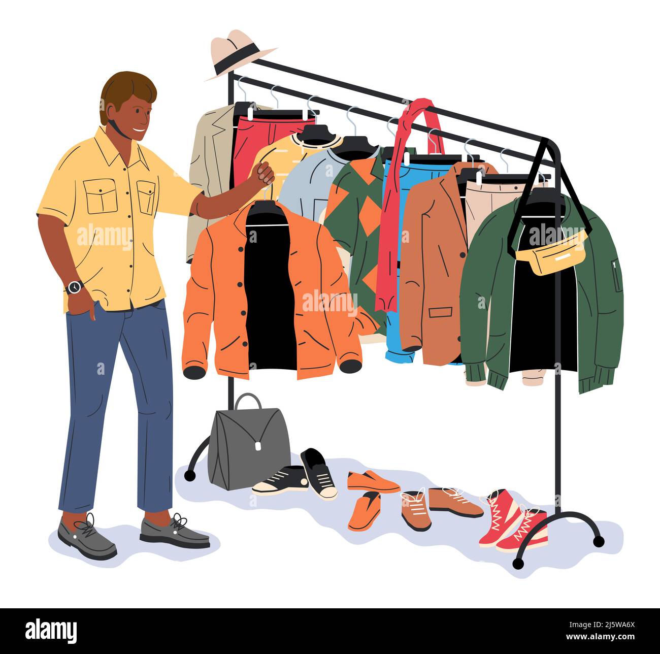 Clothes and Accessories Hanging on Hanger. Stock Vector