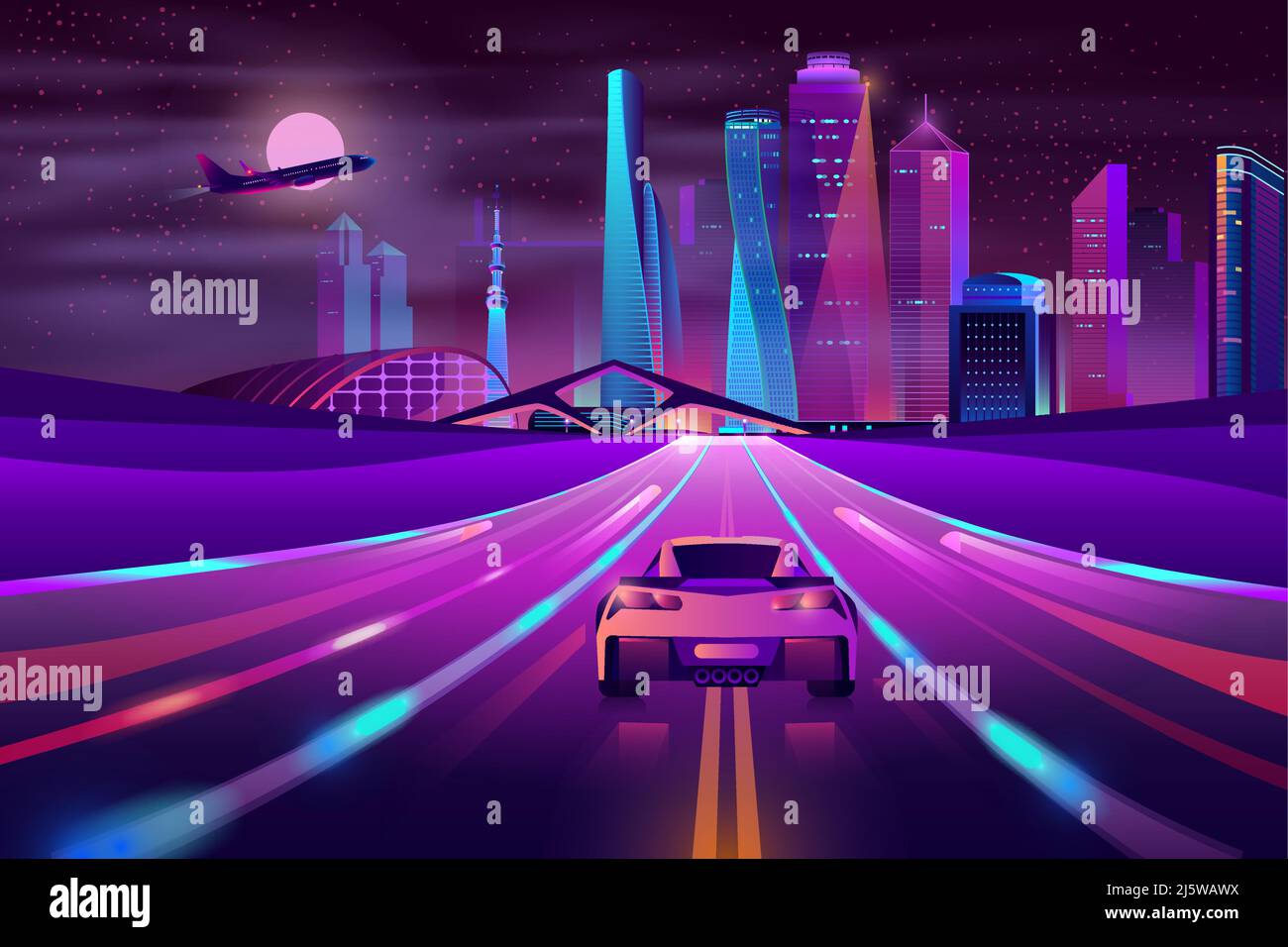 Modern city highway neon cartoon vector with sport car moving fast at night on three-way high speed motorway, airliner flying over metropolis skyscrap Stock Vector