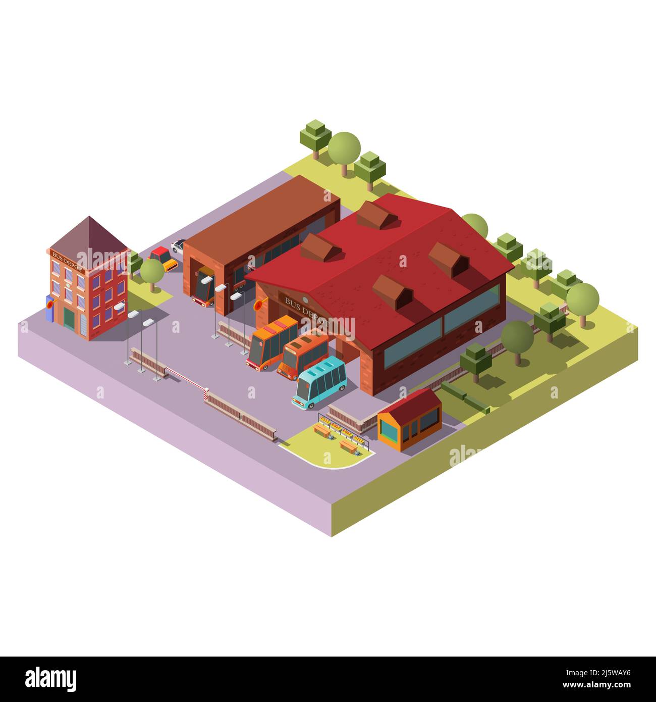 Bus depot building 3d isometric projection vector icon. Buses standing in hangars, waiting to go on route cross section illustration. City public tran Stock Vector