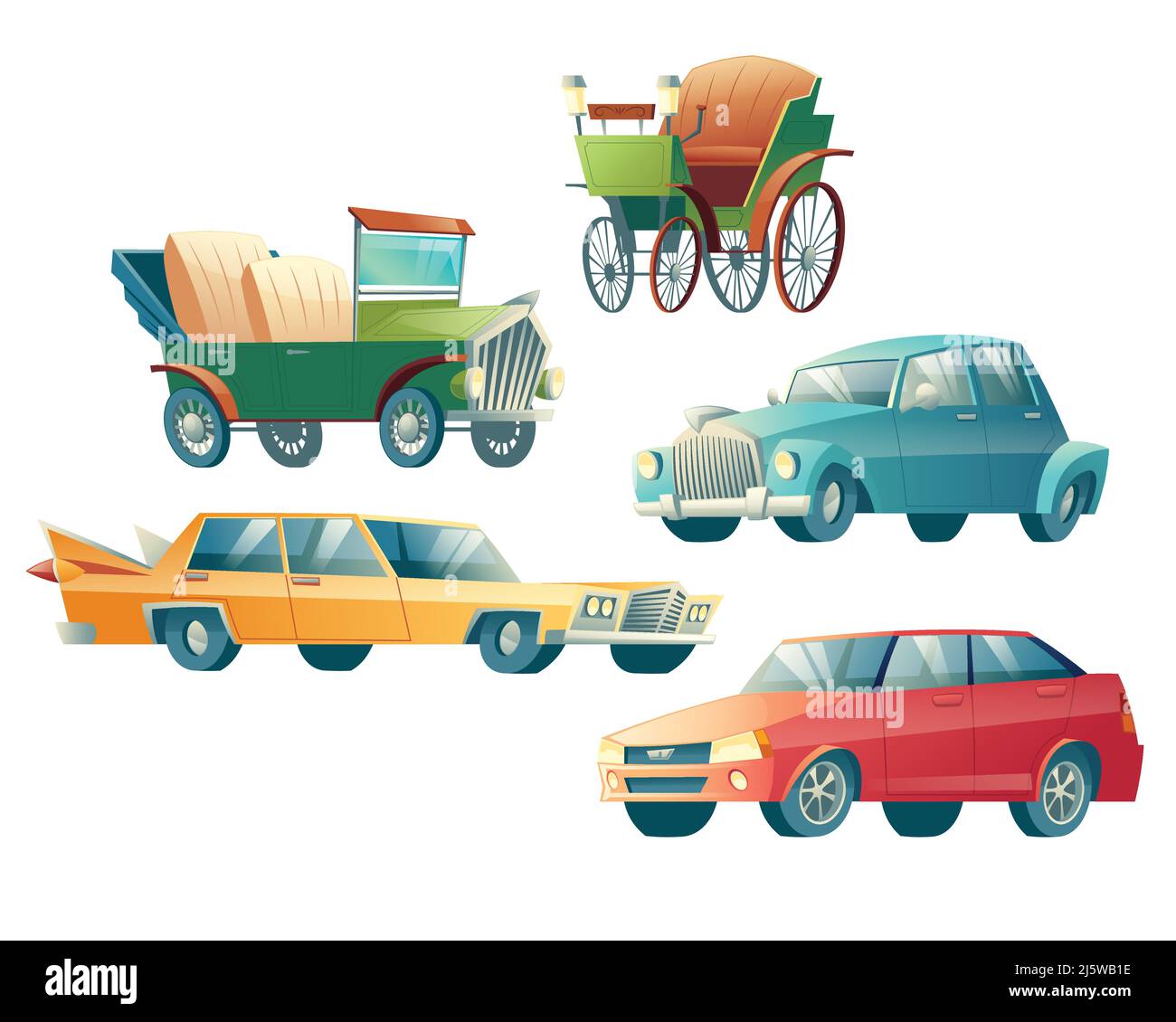 Modern and retro cars cartoon vector icons set isolated on white background. Primitive, steam-powered automobile, 19th century gasoline vehicle and co Stock Vector
