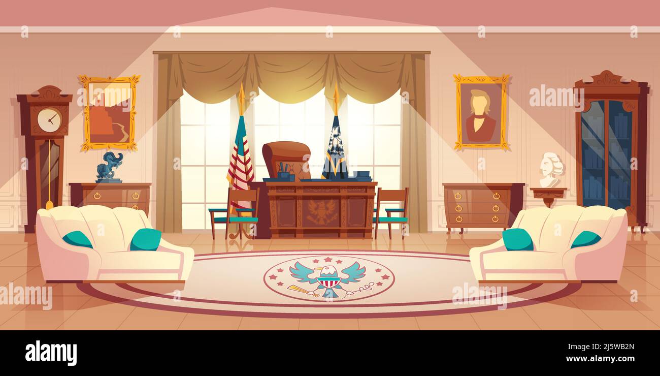 Vector oval cabinet in the white house. Cartoon interior with furniture - desk for work, sofa for rest. National flag, carpet. Workplace for president Stock Vector