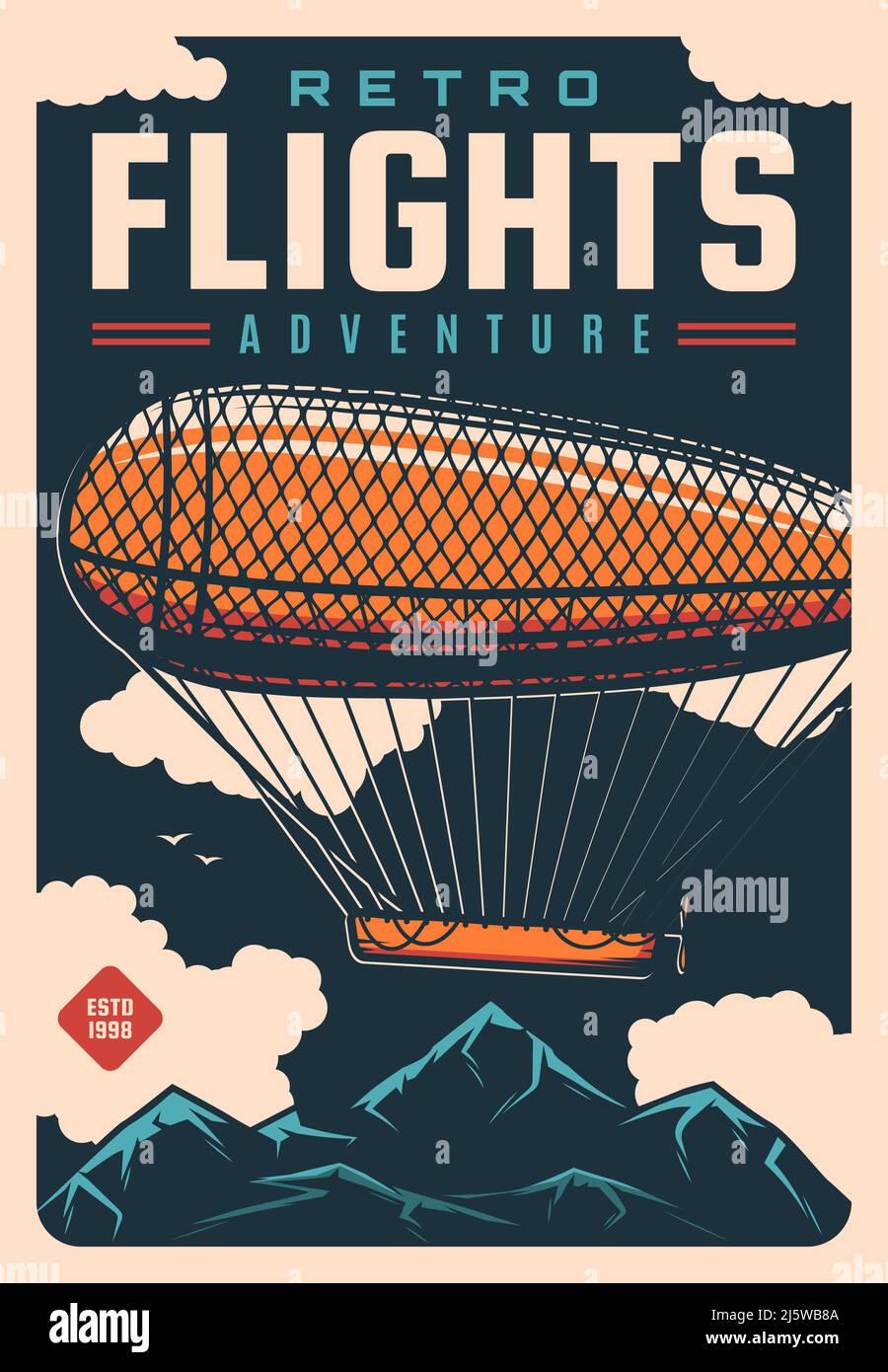 Airship or dirigible flies over the mountains, vector blimp on air fest ...