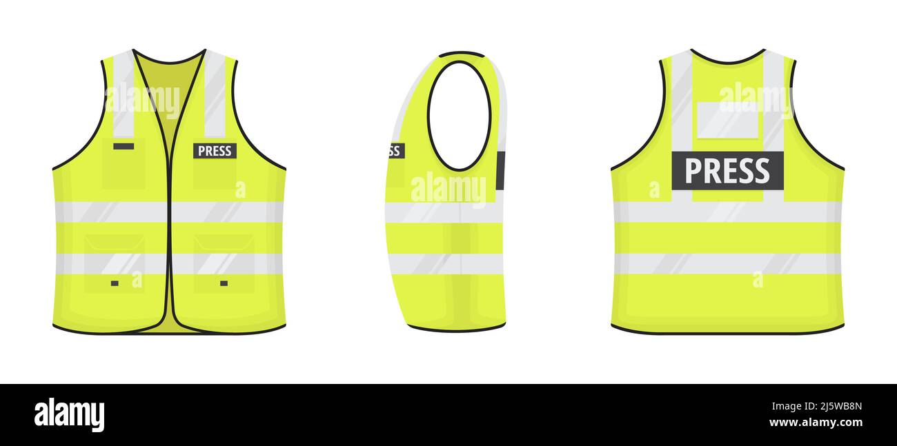Safety reflective vest with label PRESS tag flat style design vector illustration set. Yellow