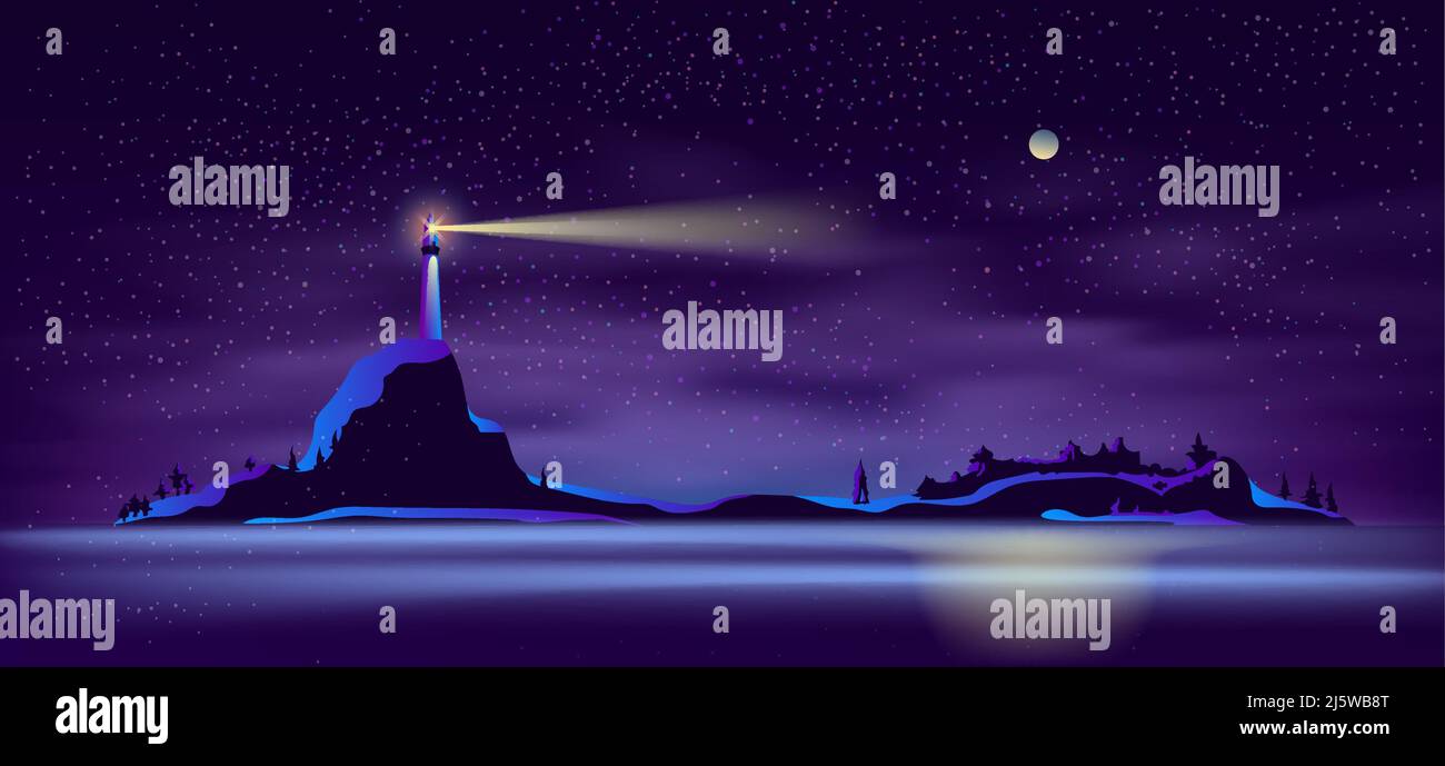 Vector background with lighthouse at night - building on mountain with searchlight, illuminated shore, landscape. Tower for navigation in ultraviolet Stock Vector