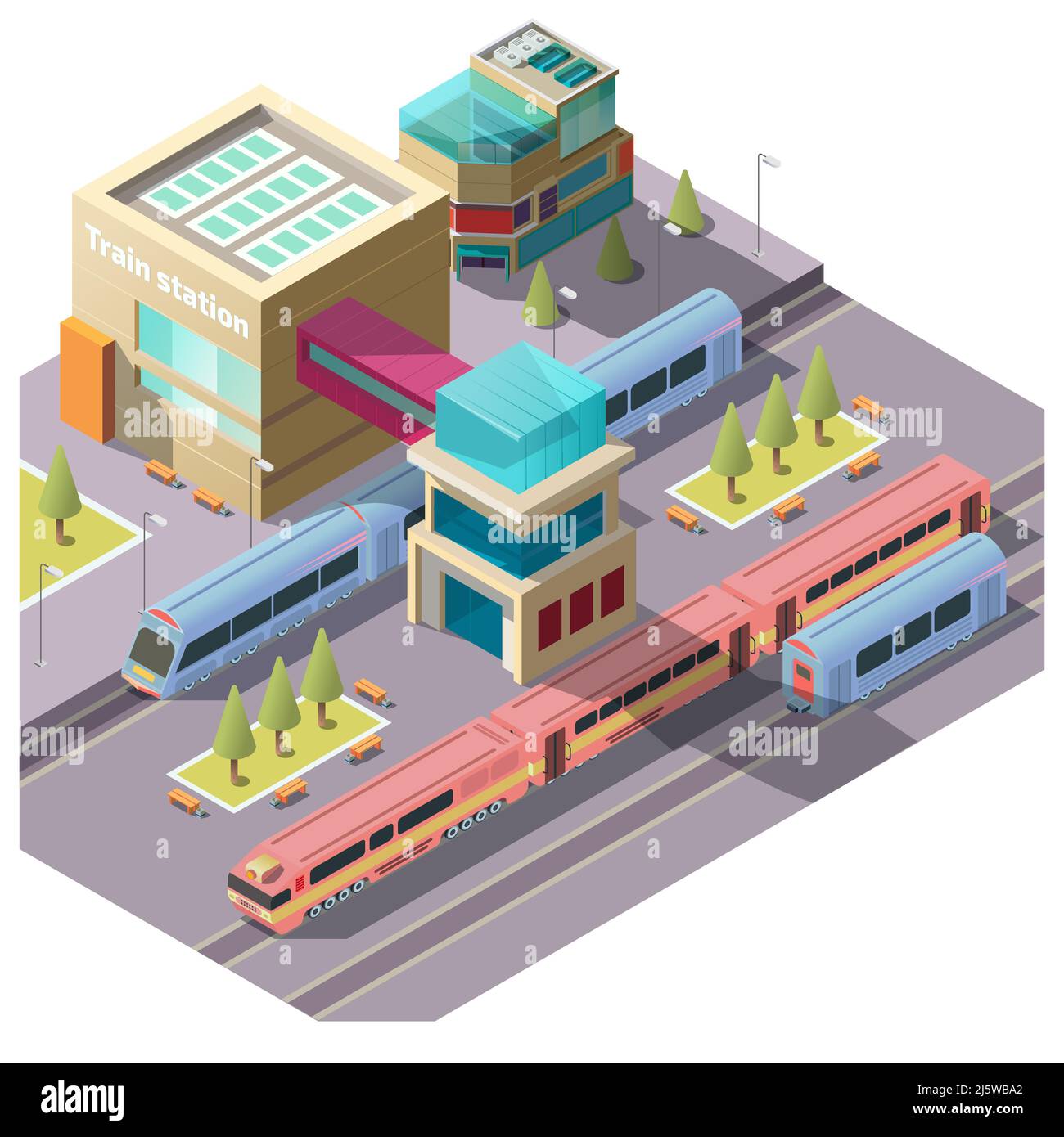 Train station building isometric vector with modern passenger locomotives and wagons moving near railway platform and terminal 3d illustration. Public Stock Vector