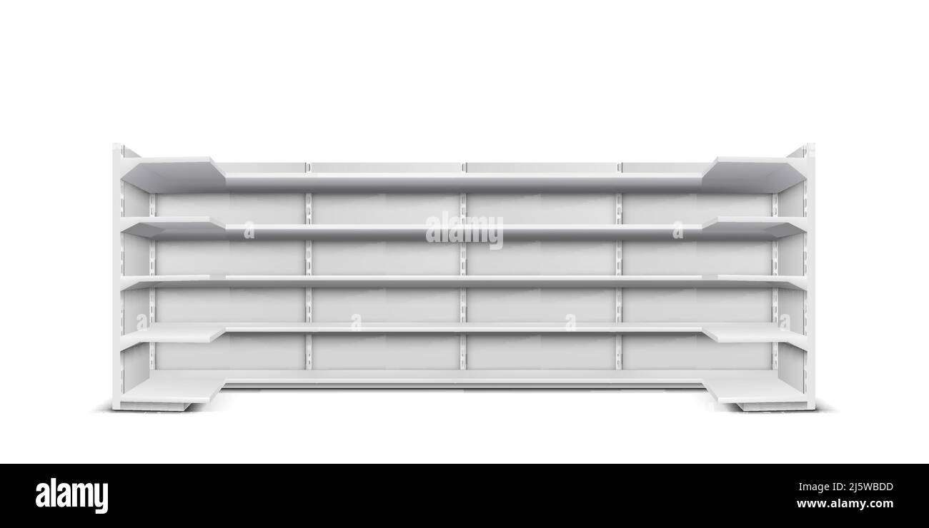 Store showcase long rack with empty shelves for products and goods ...