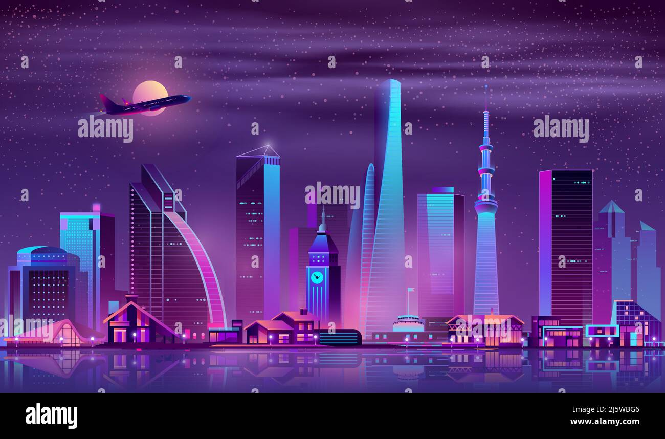 Metropolis night cityscape cartoon vector. Skyscrapers, old town buildings and one-storey cottages on river shore neon colors illustration. Diversity Stock Vector