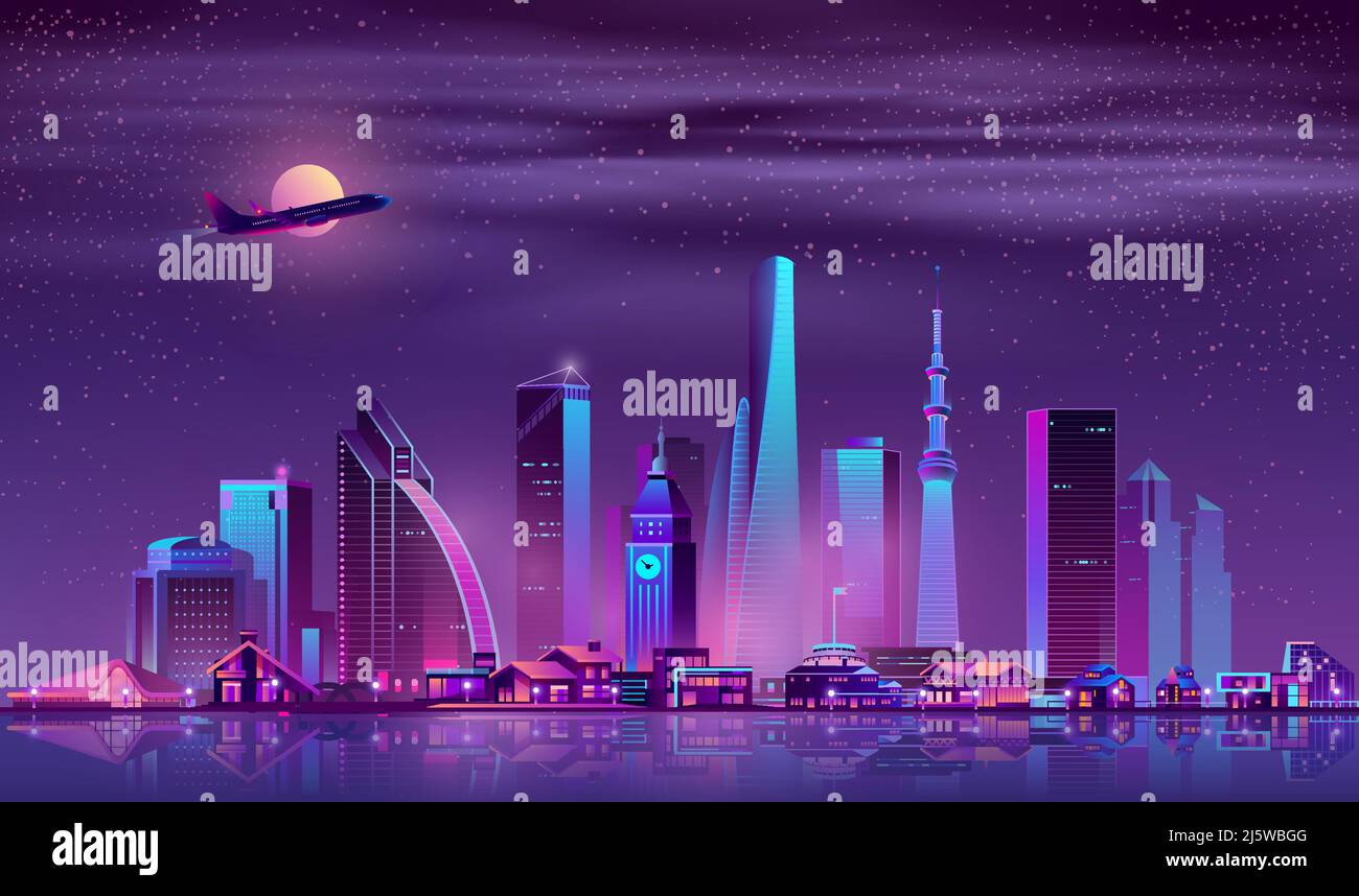 Modern metropolis night landscape with illuminated vintage and futuristic architecture buildings in city business center, luxury cottages or villas on Stock Vector