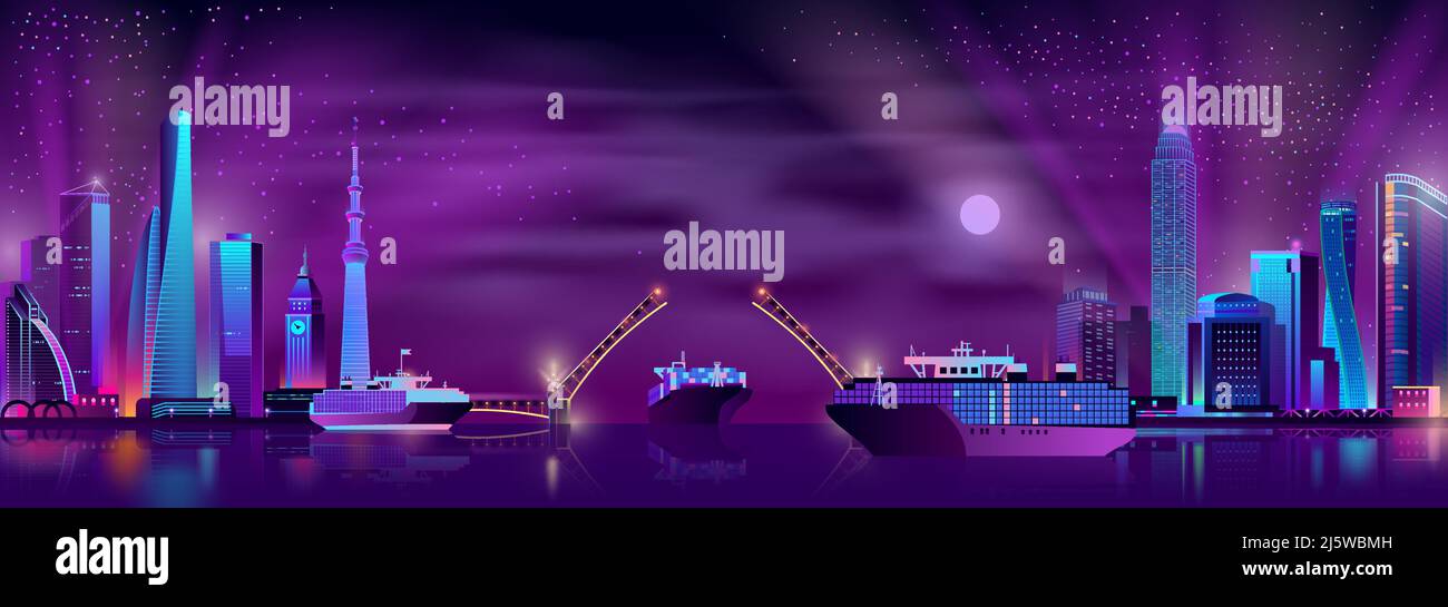 Metropolis seaport cartoon vector. Skyscrapers on shore, cargo ship with shipping containers, ferry vessels sailing under drawbridge at night illustra Stock Vector