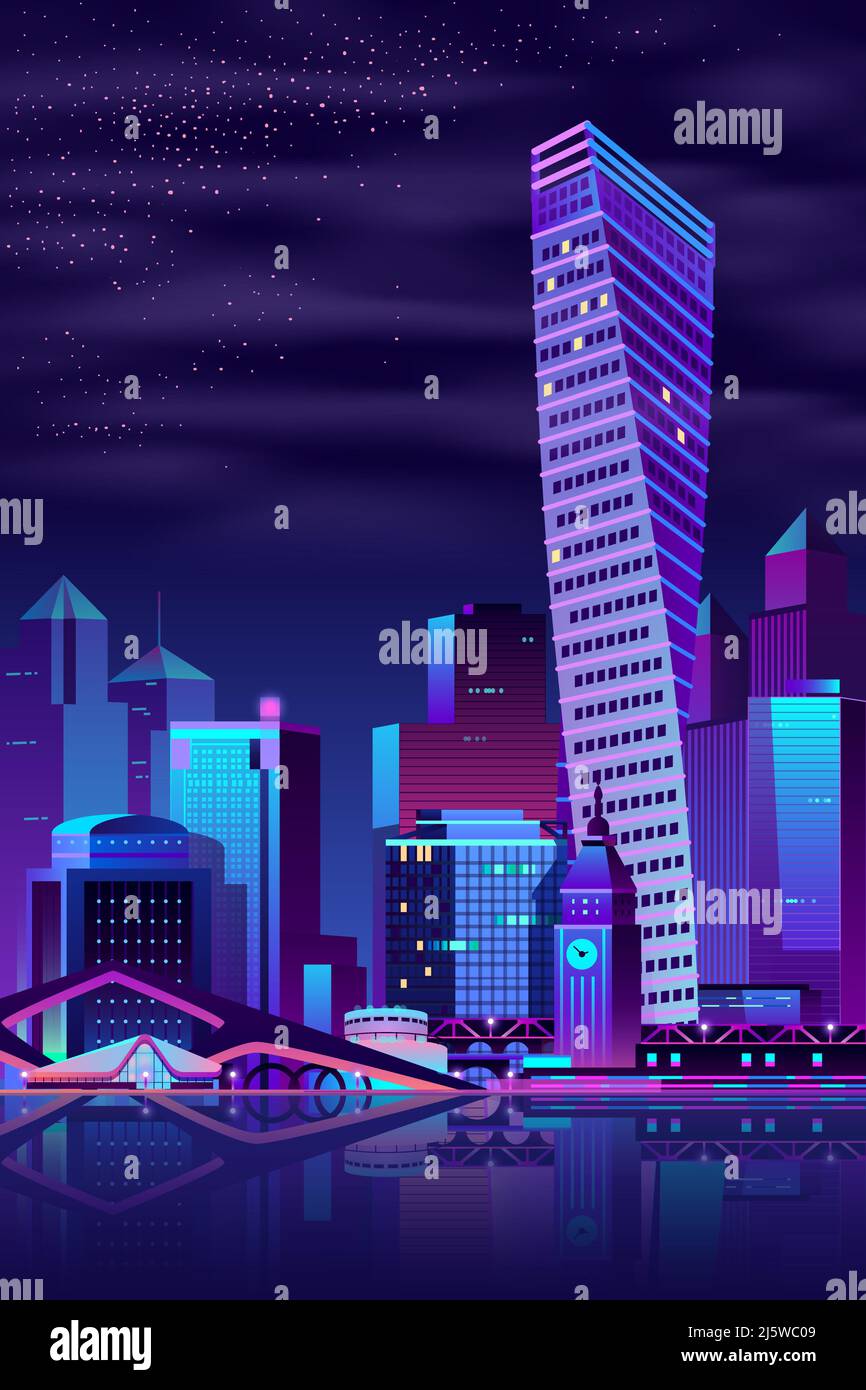 Modern metropolis night cityscape cartoon vector background. Futuristic  skyscrapers, public buildings and old architecture town hall building with  clo Stock Vector Image & Art - Alamy