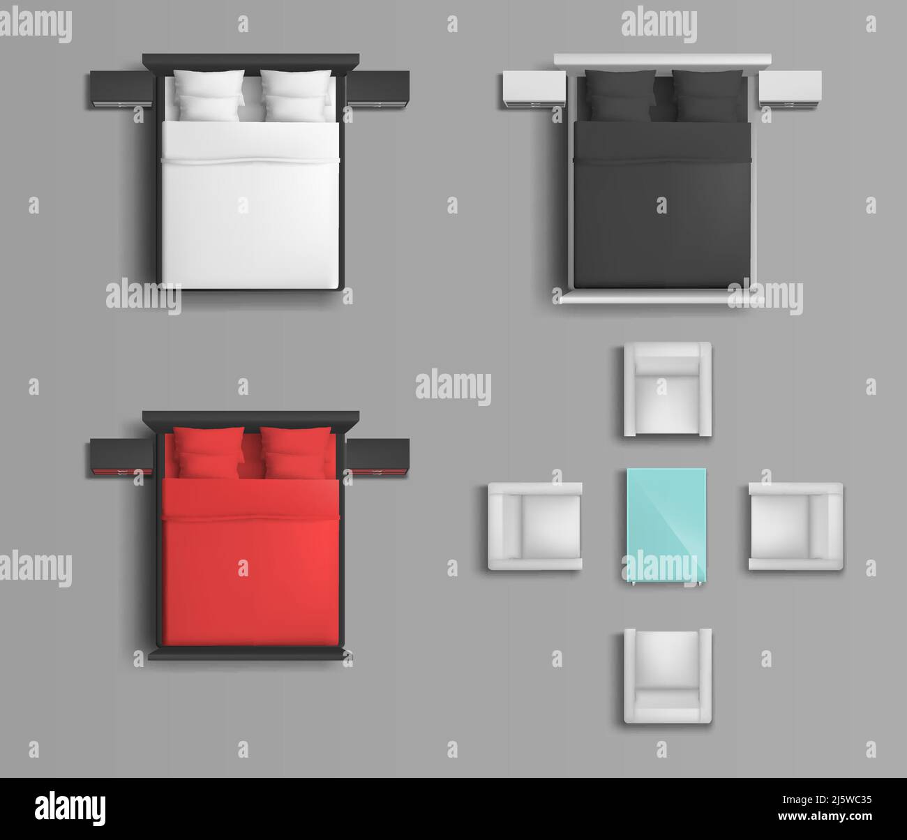 Sleeping bed with various color linens and pillows, soft armchairs and coffee table top view realistic vector set isolated on grey background with sha Stock Vector