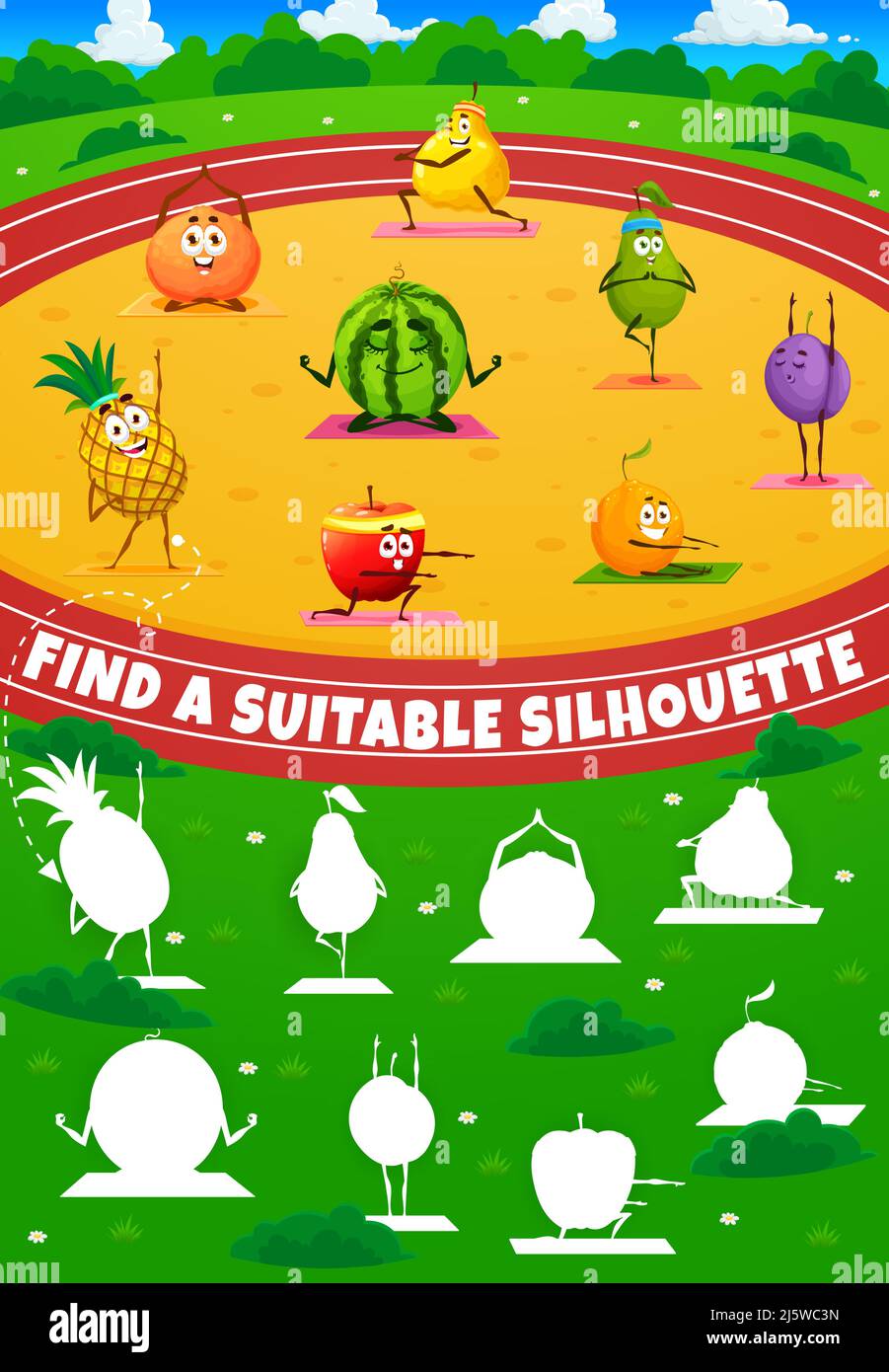 Find a suitable silhouette, cartoon fruits characters on yoga. Vector ...