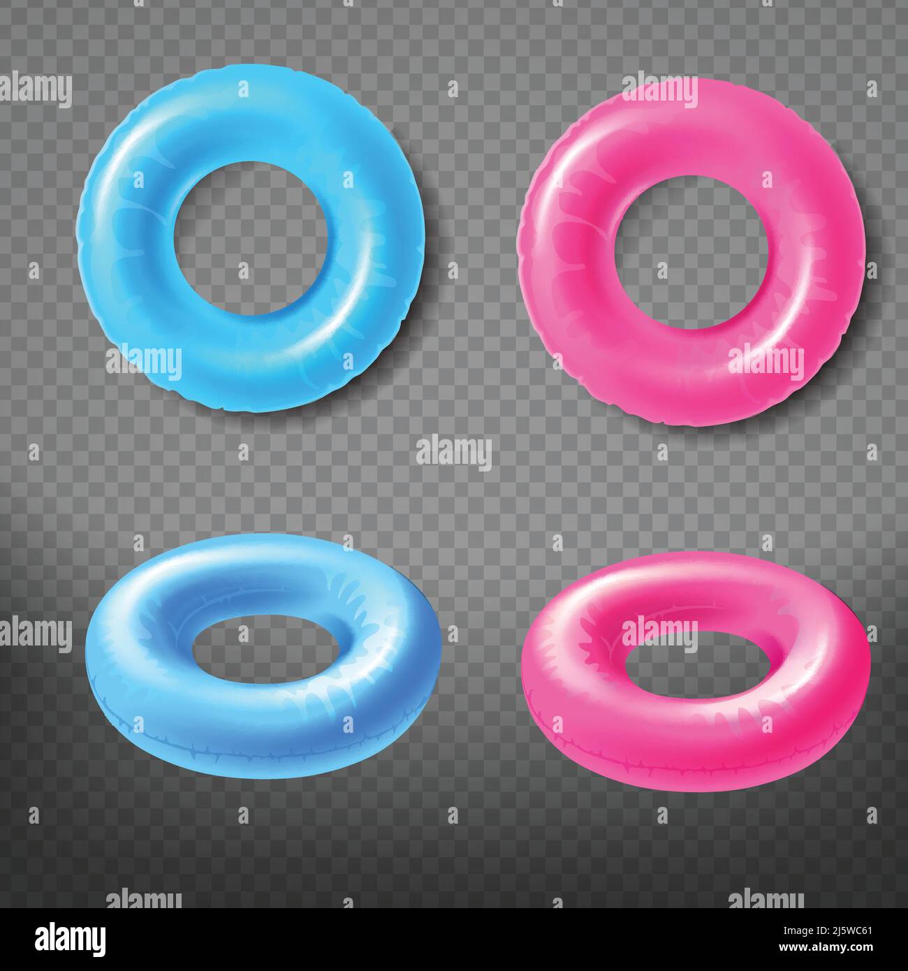 Blue and pink inflatable rings top, front view 3d realistic vector icons set isolated on transparent background. Water park swimming pool toy illustra Stock Vector