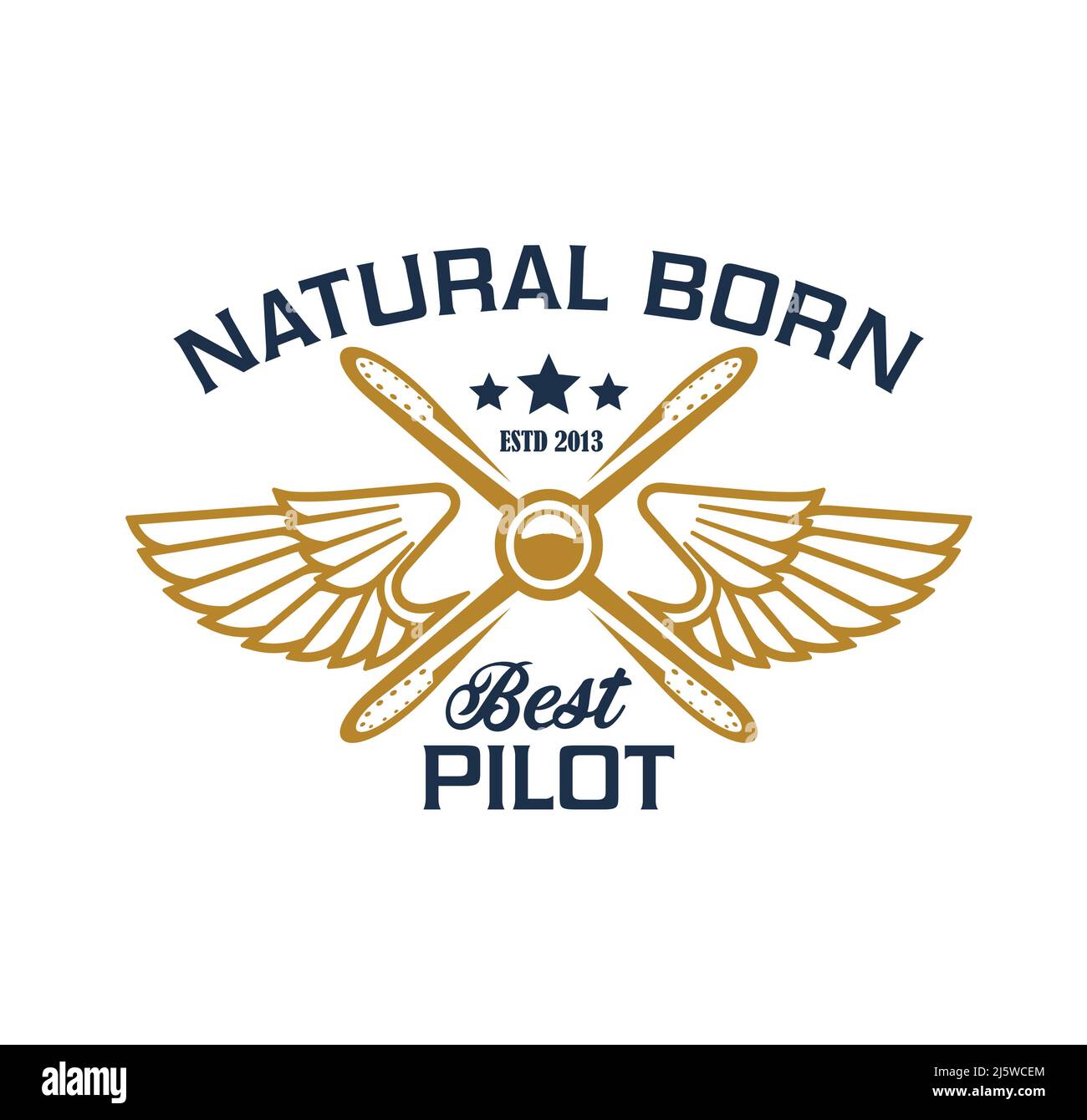 Airplane pilots crew icon, plane propeller and wings, vector aviation emblem. Pilot or aviator academy team badge with retro propeller airplane and natural born best pilot slogan with premium stars Stock Vector