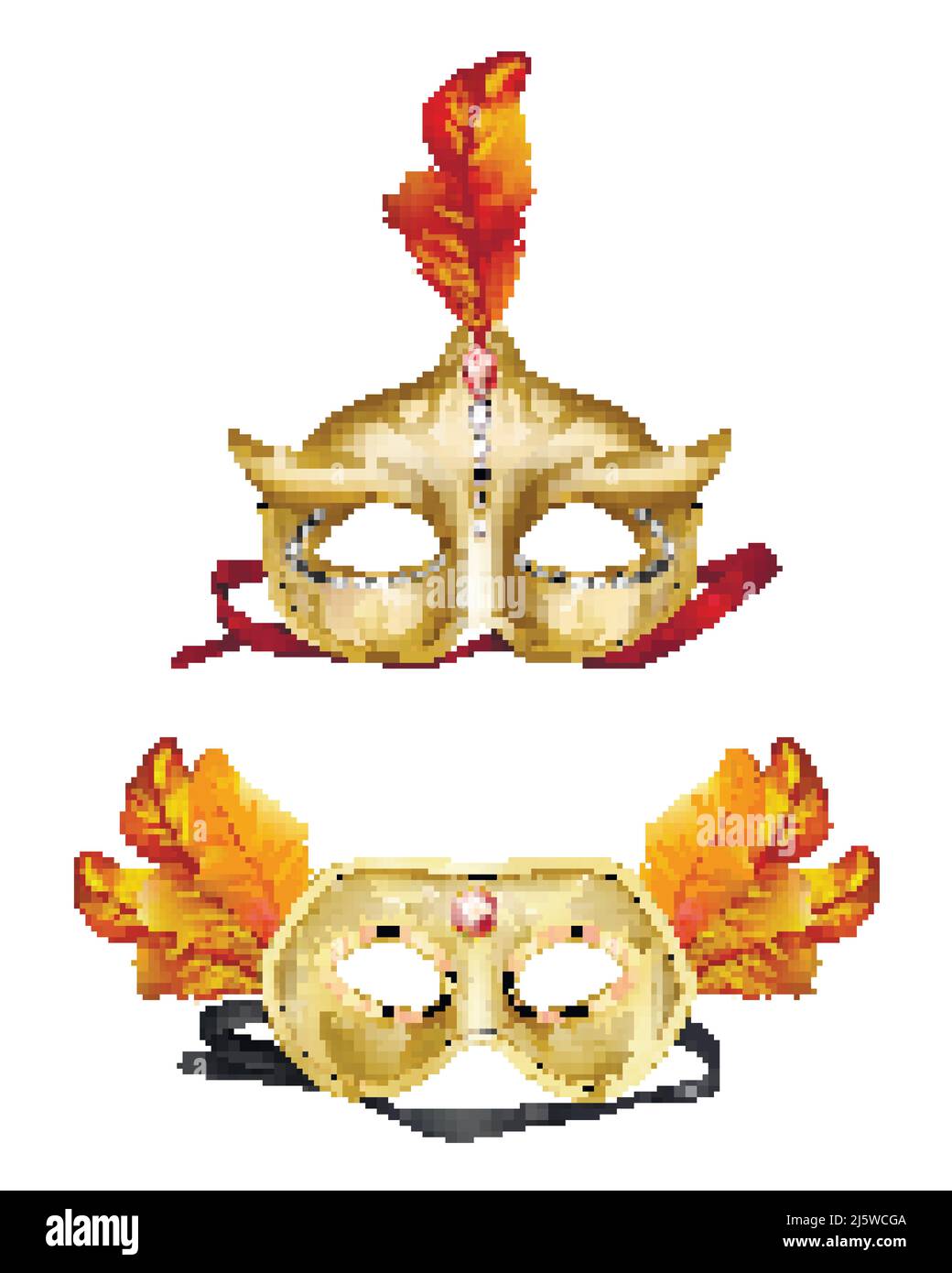 Mens golden, half-face mask decorated with precious stones, red rubies and orange feathers for Venetian or Mardi Gras carnival, holiday masquerade cel Stock Vector