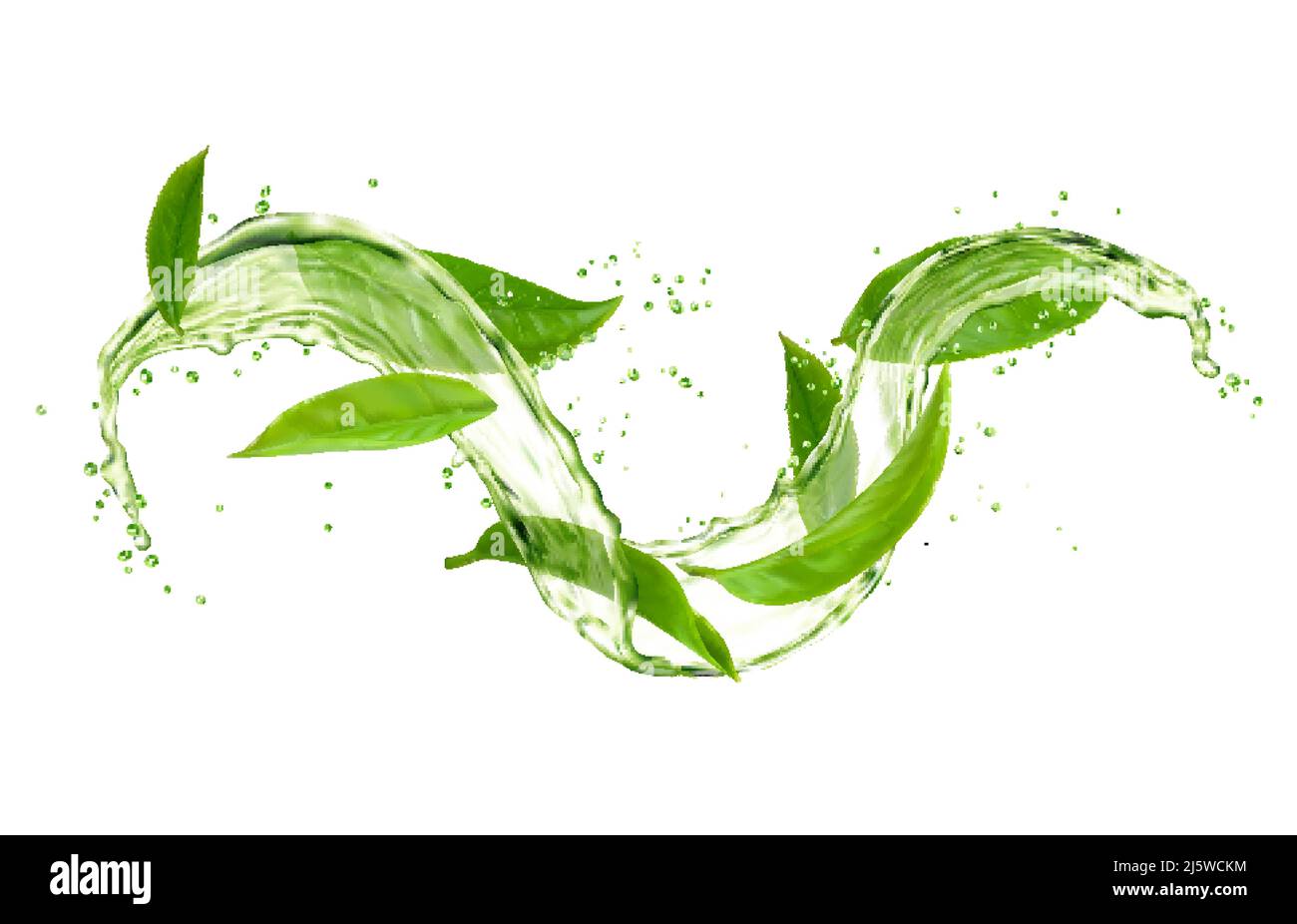 Herbal tea drink wave splash with green tea leaves and water flow