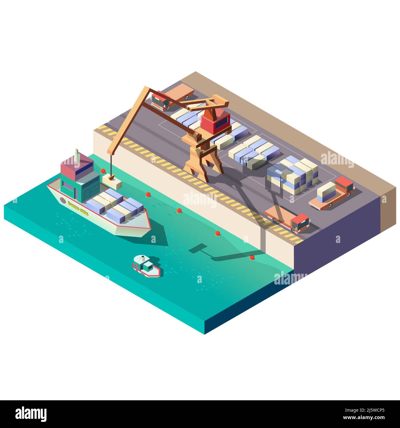 Sea port isometric vector icon with handling gantry crane on quay loading, unloading shipping container on cargo ship, trucks transporting freights fr Stock Vector