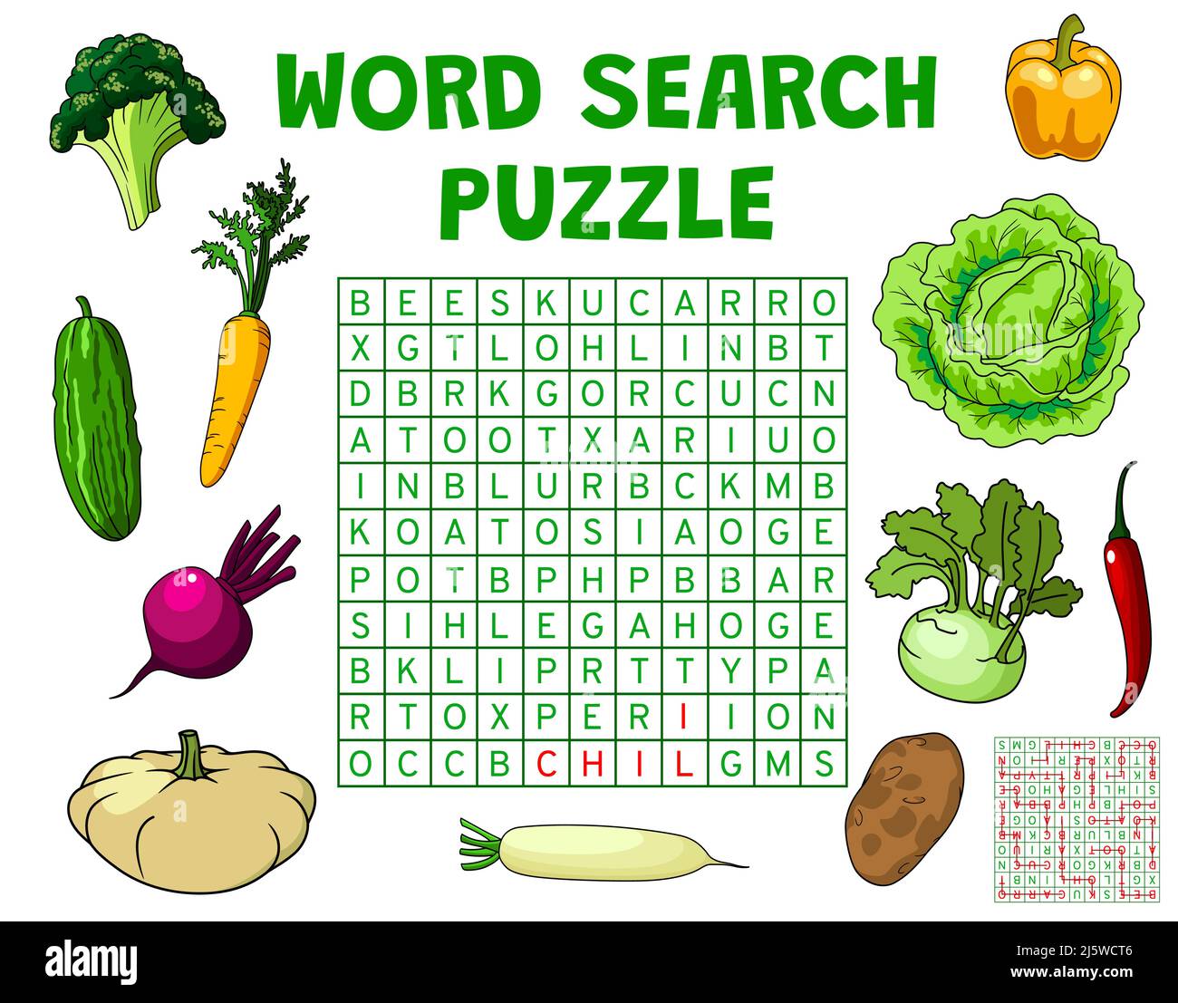 Raw farm vegetables on word search puzzle game worksheet. Kids quiz