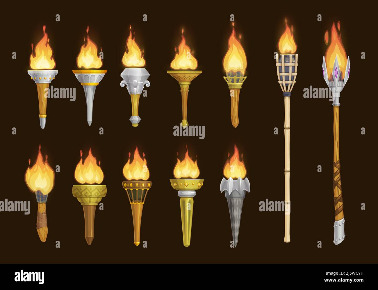 Cartoon medieval torches, vector game assets of ancient torch lanterns with burning fire. Fire torch light in stone and wooden pipe stick, tribal or victory cup torch lantern or torchlight Stock Vector