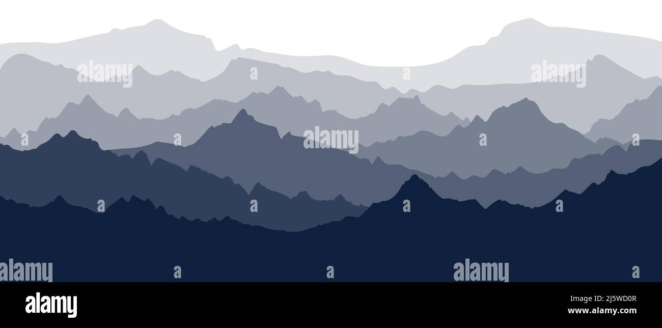 Mountain panorama. Banner with several layers of silhouettes of mountainous terrain. Hills in the evening or in the morning. Flat stock vector illustr Stock Vector