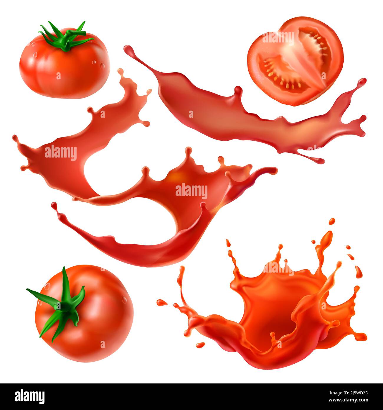 Whole and sliced on half fresh tomatoes, tomato juice splashes and swirls 3d realistic vector illustrations set isolated on white background. Organic Stock Vector