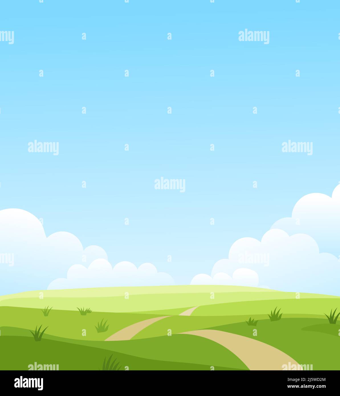 Beautiful summer grassy meadow landscape. Spring nature sunny day. Bright background with cloudy sky in the park, place for text. Cartoon vector illus Stock Vector