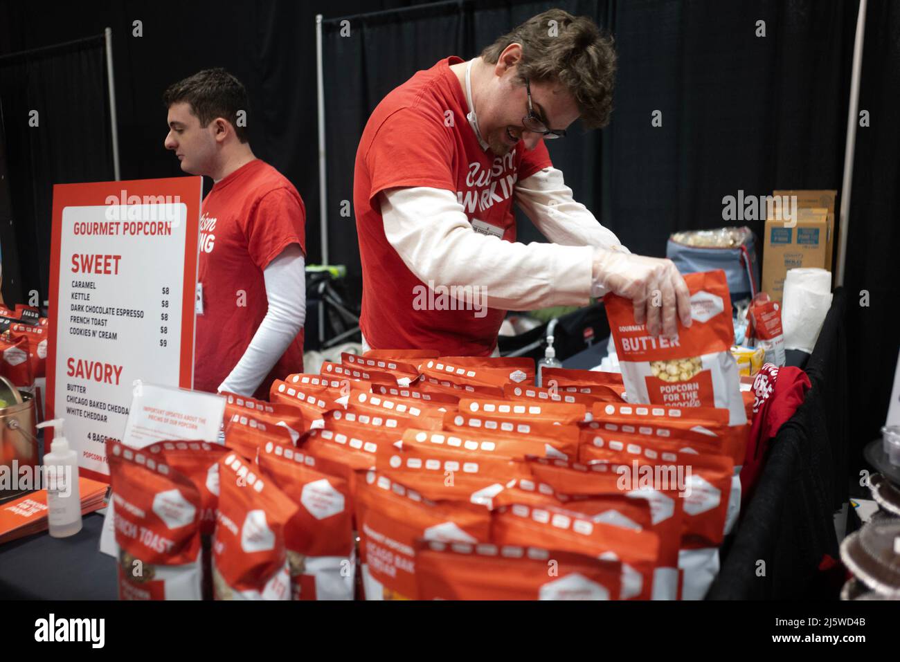 Edison, New Jersey, USA. 13th Mar, 2022. Workers for popcorn for the