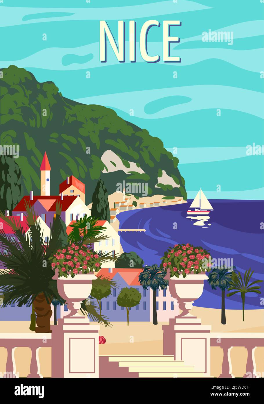 Slagschip Opa resultaat Nice French Riviera coast poster vintage. Mediterranean Resort, coast, sea,  palms, beach. Retro style illustration vector Stock Vector Image & Art -  Alamy