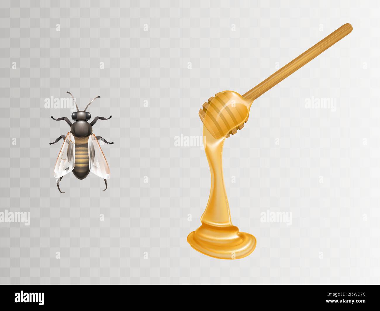 Fresh honey flowing and dripping from wooden dipper and bee 3d realistic vector illustrations set isolated on transparent background. Beekeeping indus Stock Vector