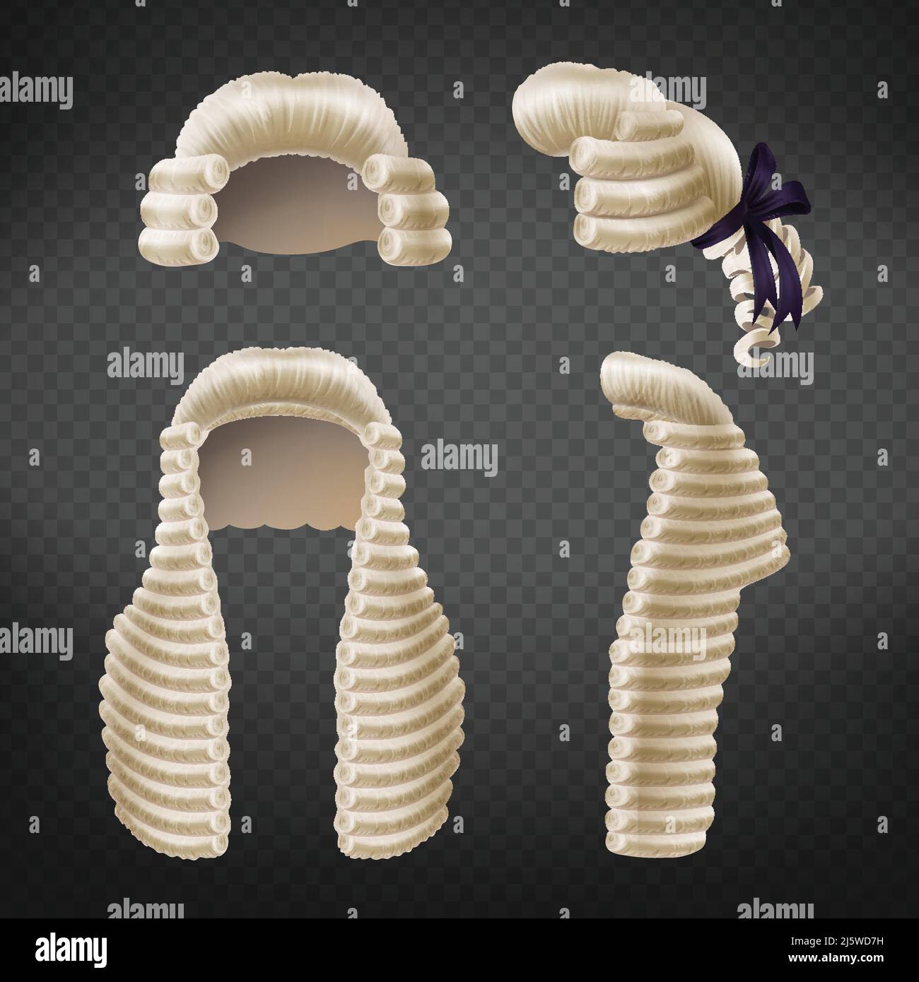 Long and short 18th century men curled wigs or perukes front and side view 3d realistic vector isolated on transparent background. Court dressing elem Stock Vector