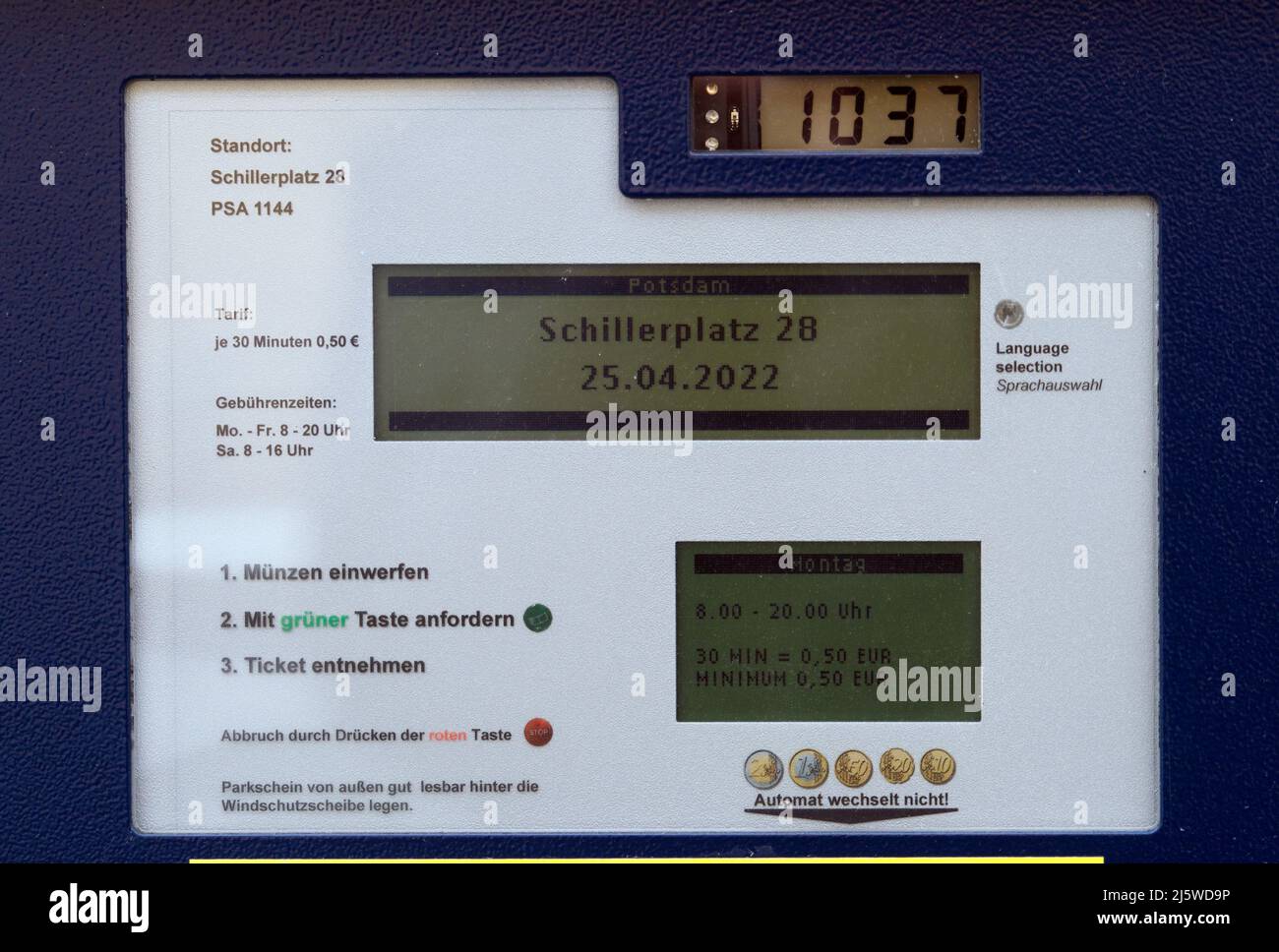 Potsdam, Germany. 25th Apr, 2022. The display of a parking ticket machine at Schillerplatz shows