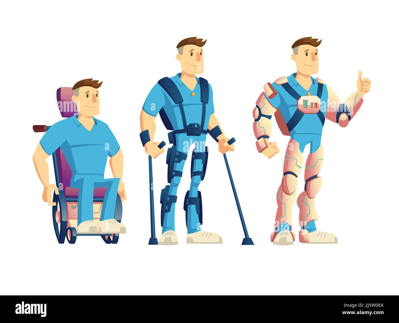 Evolution of exoskeletons for disabled people cartoon vector concept. Man in powered wheelchair, standing with crutches and robotic suit, showing thum Stock Vector