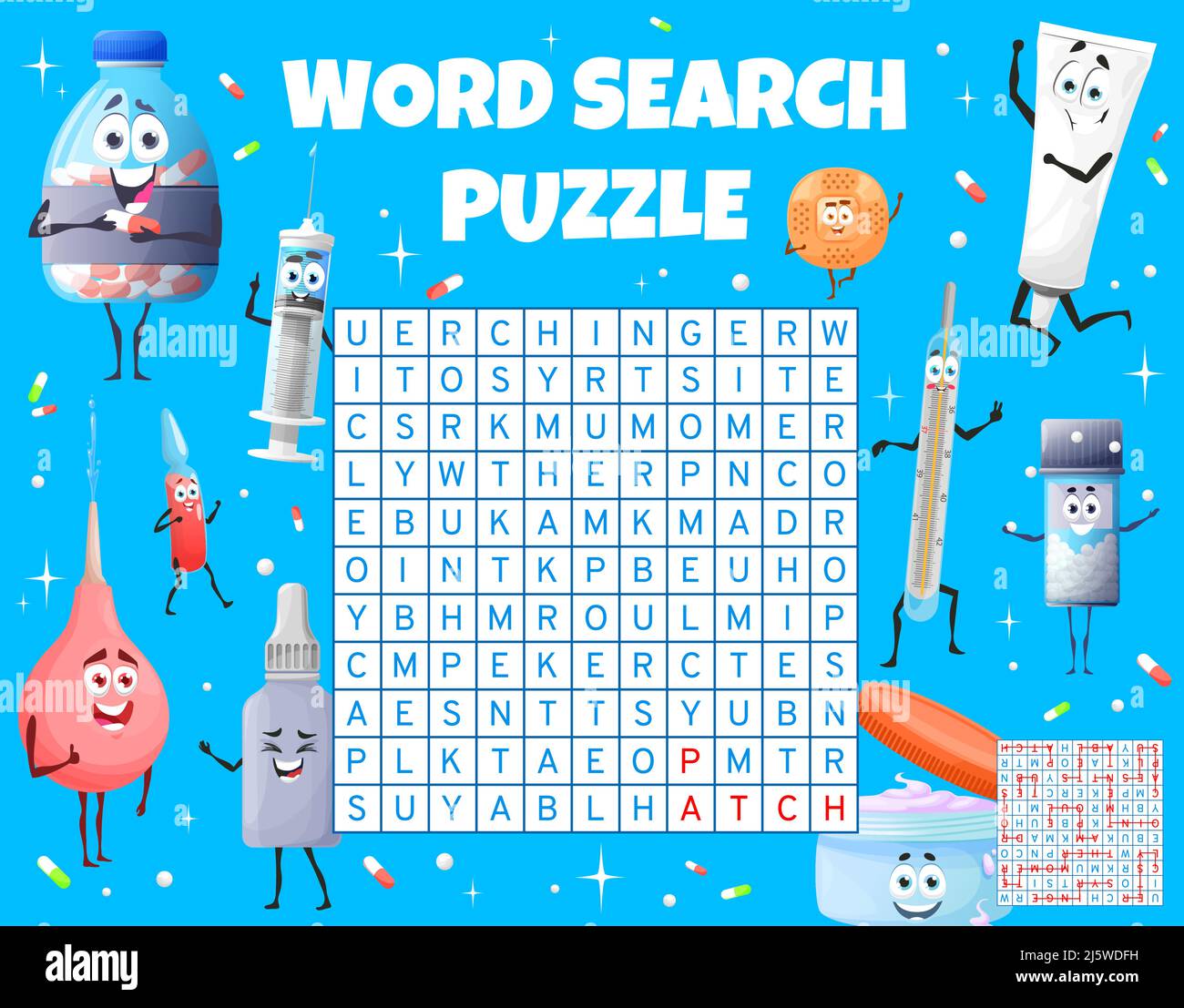 Cartoon medical instruments, pills, ointment word search puzzle game
