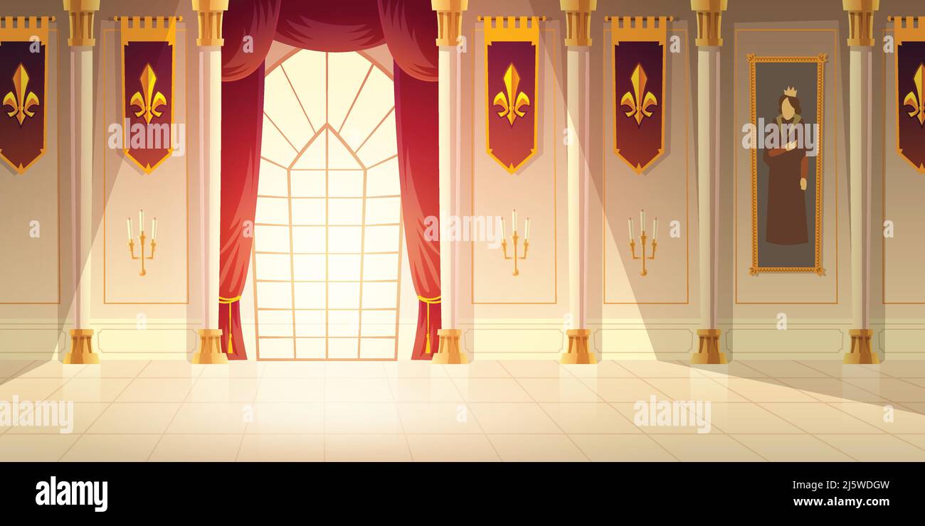 Medieval castle ballroom, historical museum hall cartoon vector background. Shiny tiled floor, red curtains on big window, high columns, flags with he Stock Vector
