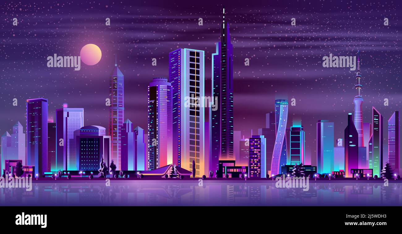Metropolis night skyline with illuminated skyscrapers, cottage houses or public buildings on city quay shore and full moon in starry sky neon cartoon Stock Vector