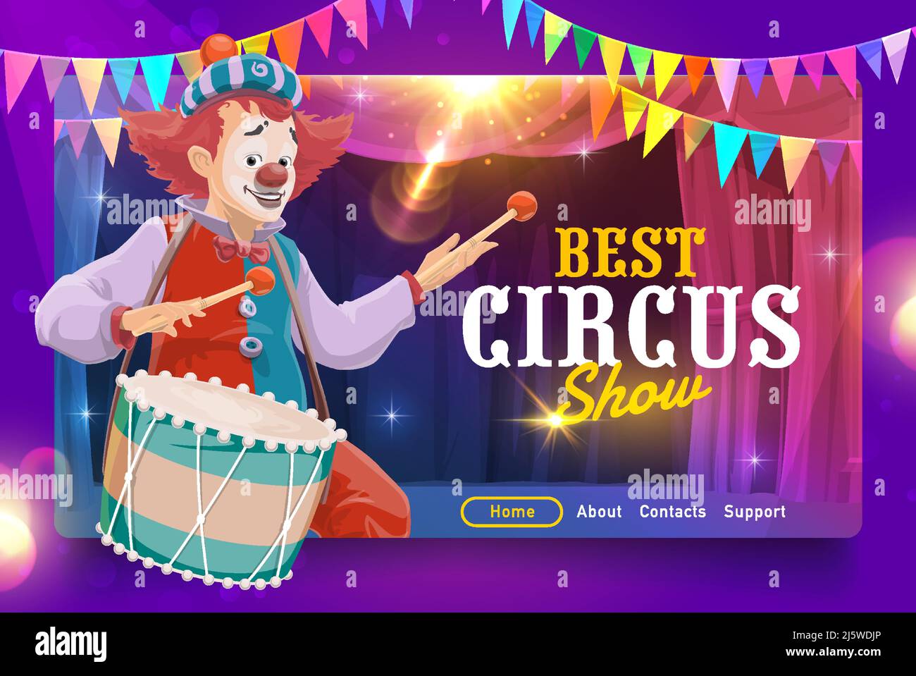 Shapito circus landing page, cartoon clown and drum on circus stage ...