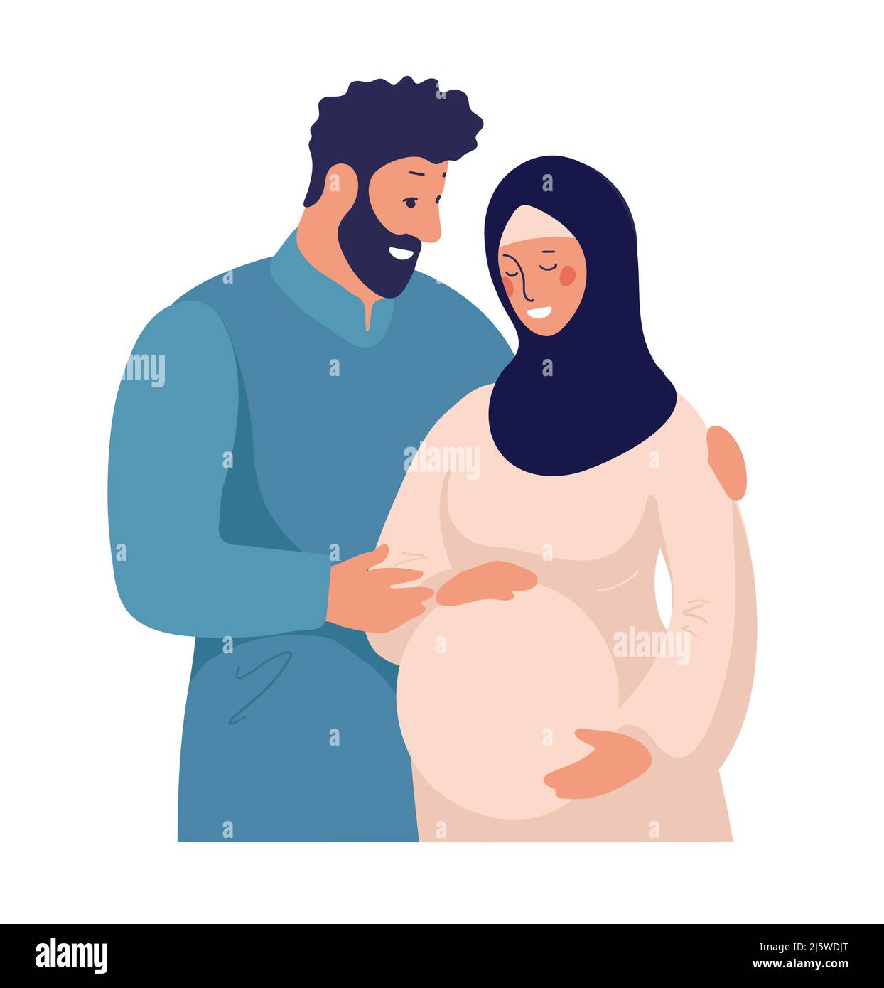 A traditional Muslim family is waiting for the birth of a child. Arab married couple, pregnant woman in a hijab. Flat vector illustration isolated on Stock Vector