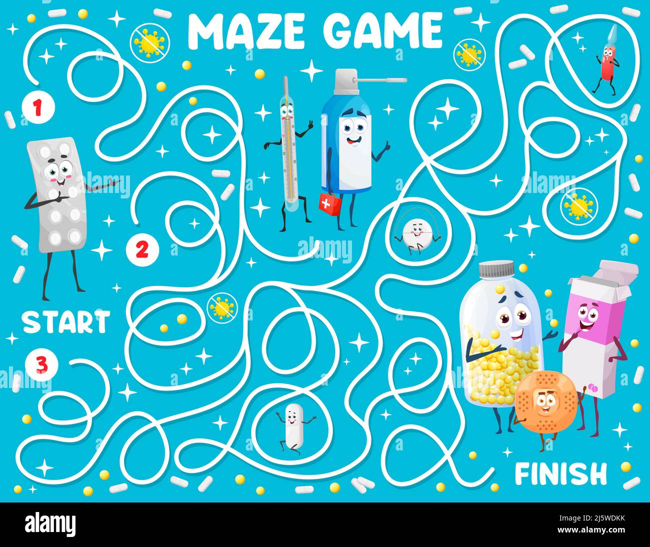 Kids labyrinth maze worksheet with cartoon syrup, thermometer, pills ...